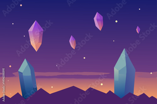 Surreal Twilight Sky with Mysterious Floating Crystals Ultra HD Vector Illustration Background