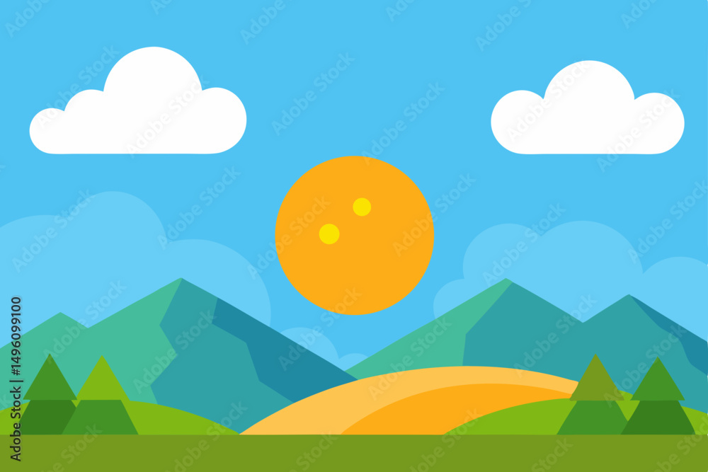 Fototapeta premium Charming Illustrated Nature Scene with Bright Sun and Fluffy Clouds Ultra HD Vector Illustration Background