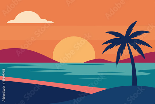 Clean Minimalist Beach Sunset Summer Scene Vector Illustration Background