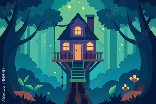 Whimsical Magical Treehouse Nestled in Enchanted Forest 4K Vector Illustration Background