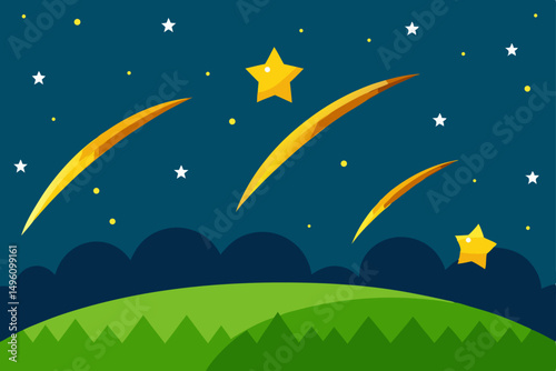 Spectacular Shooting Stars Streaking Over Dreamy Fantasy Field Ultra HD Vector Illustration Background