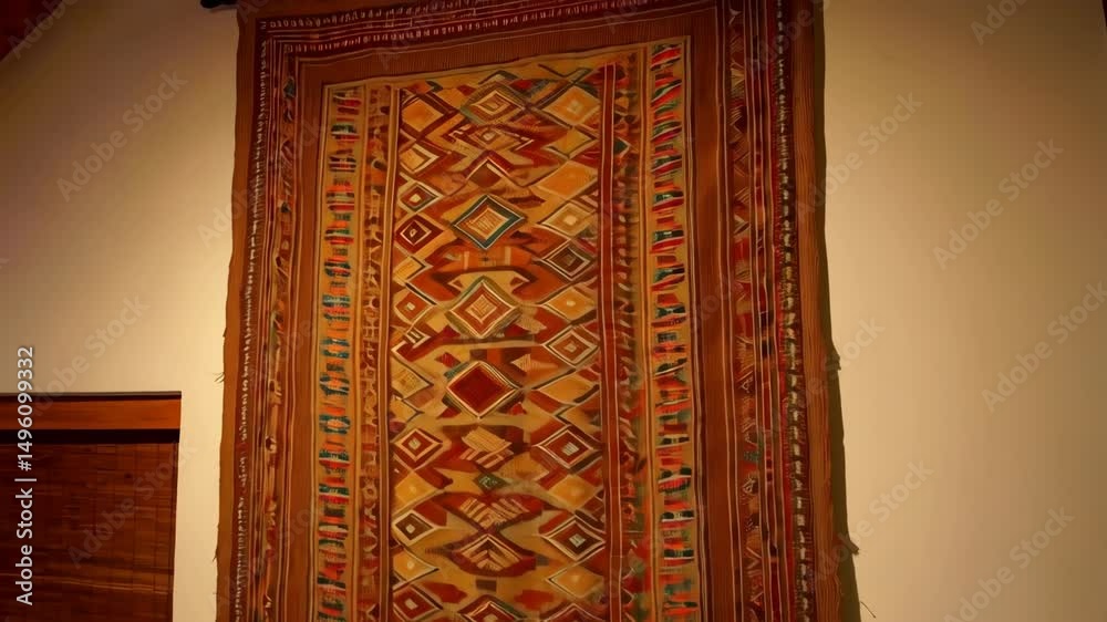 Handwoven tapestry on the wall with geometric patterns, warm colors, and cultural textile art for home decor and bohemian style aesthetic. Handwoven tapestry on the wall with geometric patterns, warm colors, and cultural textile art for home decor and bohemian style aesthetic.