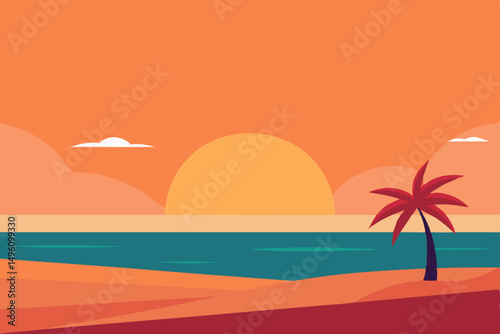 Clean Minimalist Beach Sunset Summer Scene Vector Illustration Background