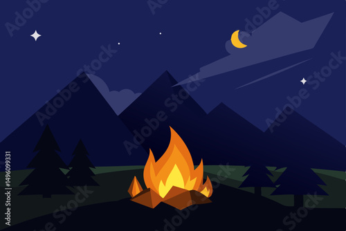 Cozy Mountain Campfire Scene Under Starry Summer Night Sky Vector Illustration Background