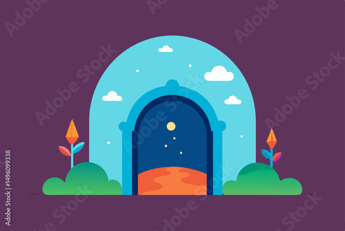 Enchanting Magical Nature Portal Leading to Summer Paradise Vector Illustration Background