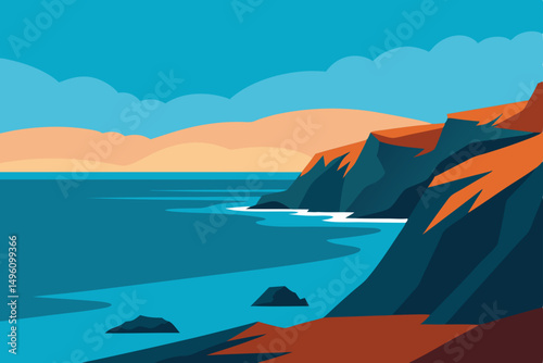 Stunning Rocky Coastal Seascape View in Amazing Ultra HD Vector Illustration Background