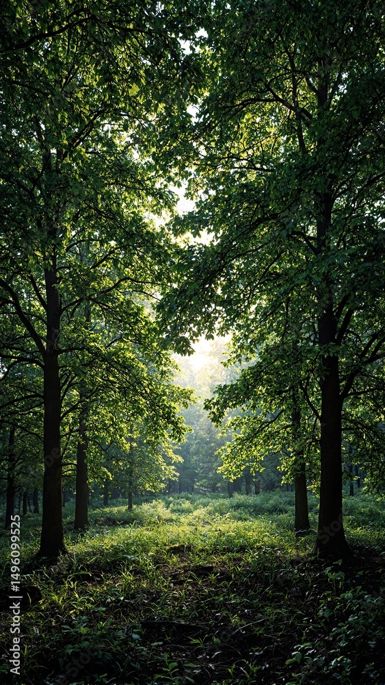 Fototapeta premium Lush forest floor bathed in dappled sunlight from intricate layers of tree canopy shadows Serene nature pattern