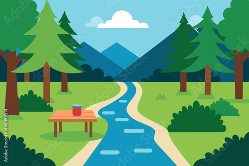 Peaceful Forest Stream with Checkered Picnic Blanket in Summer Vector Illustration Background