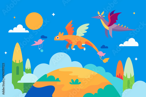Whimsical Fantasy Summer World with Colorful Flying Creatures Vector Illustration Background