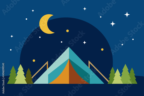 Luxurious Glamping Tent in Summer Under a Starry Night Sky Vector Illustration Background