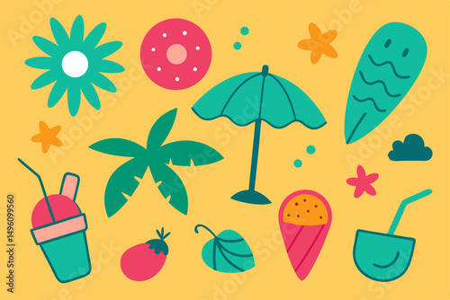 Playful Hand Drawn Summer Themed Doodle Collection Vector Illustration Background