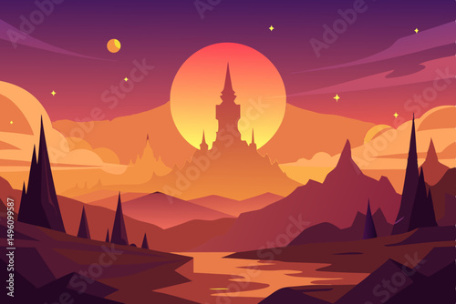 Enchanting Golden Hour Light in a Mystical Fantasy World Ultra HD Vector Illustration Background
