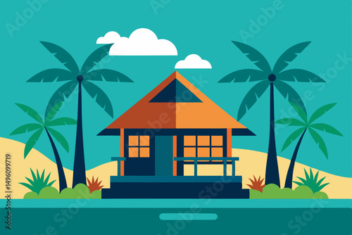 Secluded Beach Bungalow Nestled in Lush Tropical Nature Vector Illustration Background