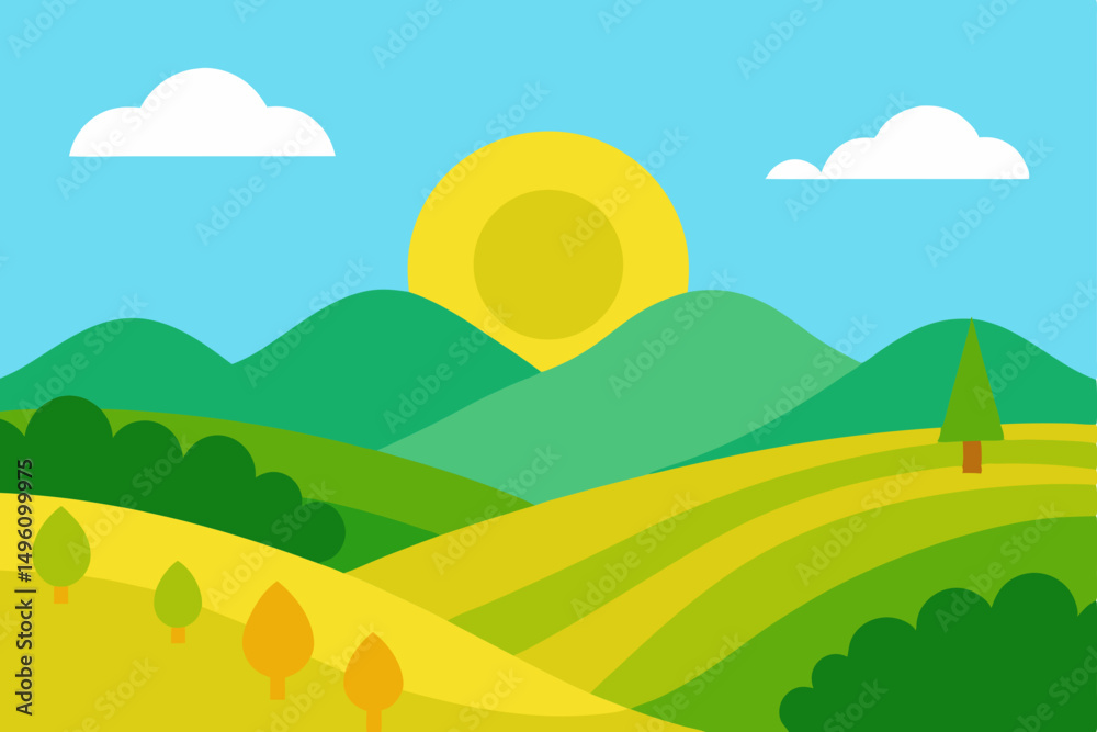 Fototapeta premium Picturesque Hills and Green Meadows Bathed in Warm Summer Sunshine Vector Illustration Background