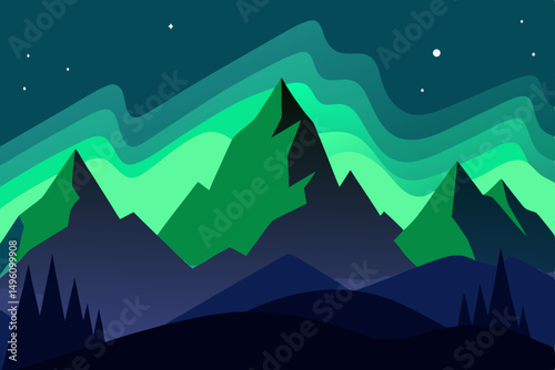 Mystical Aurora Borealis Dancing Over Fantasy Mountain Peaks Ultra HD Vector Illustration Background