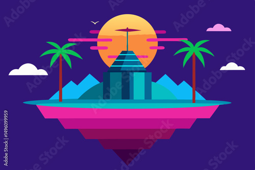 Modern Futuristic Summer Island Getaway Scene Vector Illustration Background
