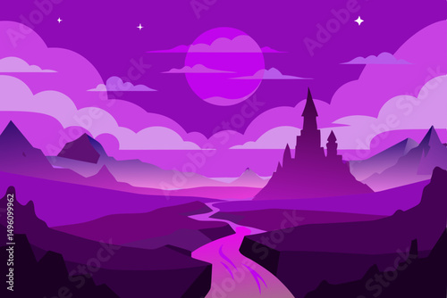 Enchanting Fantasy Valley with Vibrant Purple Skies 4K Vector Illustration Background