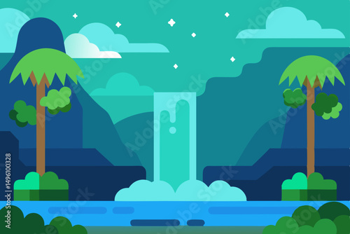 AI Generated Fantasy Jungle Scene with Lush Waterfall Vector Illustration Background