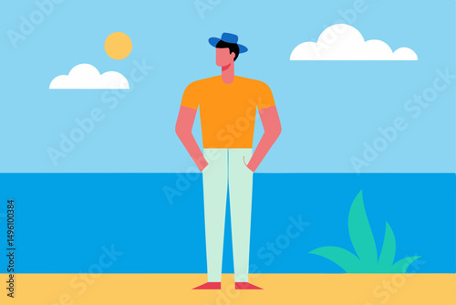 Stylish Fashionable Man Enjoying Summer by the Beautiful Seaside Vector Illustration Background