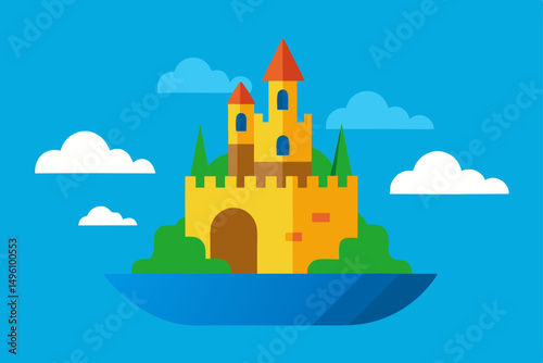 Surreal AI Generated Island with Majestic Castle and Ocean View Vector Illustration Background