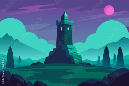 Mysterious Ancient Stone Tower Standing in Dreamlike Landscape Ultra HD Vector Illustration Background