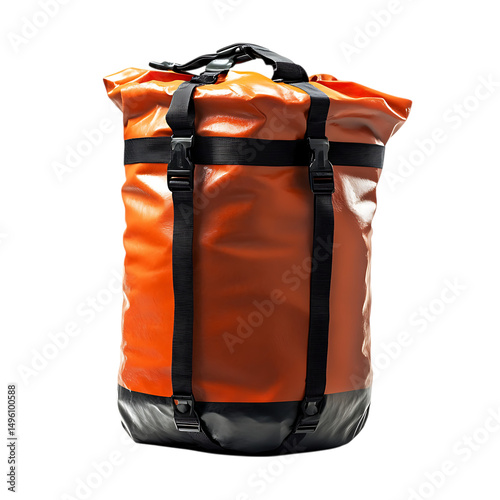 Large Orange Waterproof Backpack with Black Straps Isolated on Transparent Background