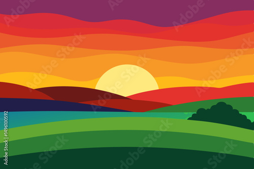 Vibrant Colorful Sunset Over Rolling Fields 4K Vector Illustration Background