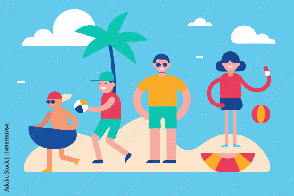 Fototapeta premium Happy People Enjoying Their Summer Holiday at the Beach Illustration Vector Illustration Background
