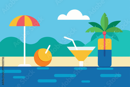 Refreshing Tropical Cocktails by the Swimming Pool Vector Illustration Background
