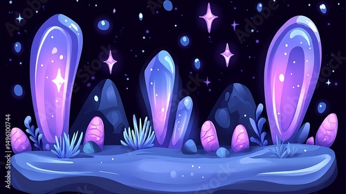 Glowing Crystals Night Landscape.