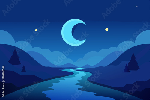 Serene Ethereal Moonlight Shining Over Flowing River Dreamscape Vector Illustration Background