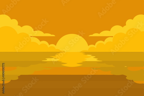 Golden Sky Reflection on Calm Ocean Surface 4K Vector Illustration Background
