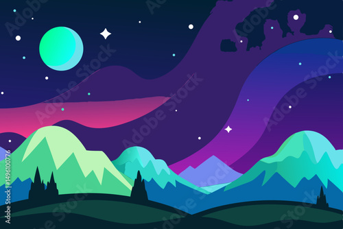 Spectacular Galaxy Sky with Northern Aurora Lights in 4K Vector Illustration Background
