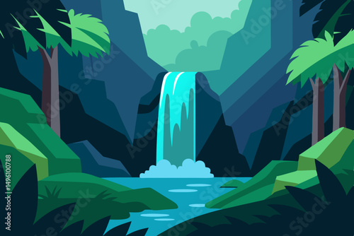 Enchanting Hidden Waterfall Cascading in Lush Fantasy Jungle 4K Vector Illustration Background