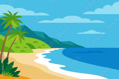 Stunning Tropical Ocean View with Pristine Sandy Shoreline Vector Illustration Background