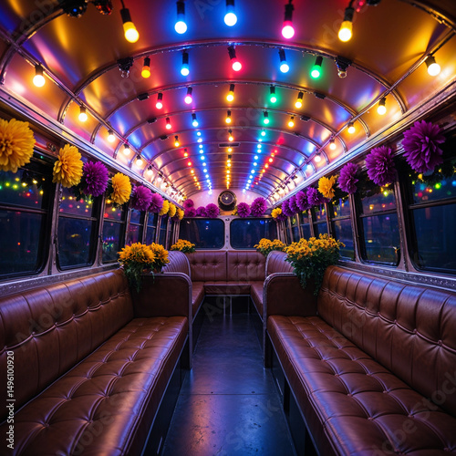 Colorful Party Bus Interior with Leather Seats and Festive Lights