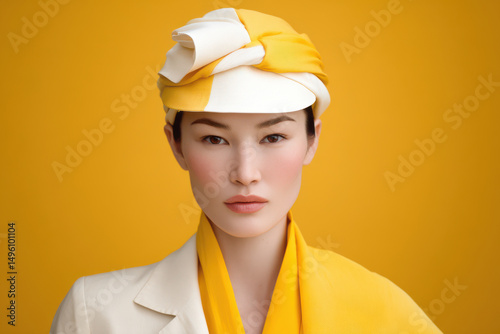 summer fashion portrait for  featuring model wearing ultrabright lightweight turban set against bold solid photo