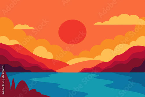 Peaceful Warm Sunset Sky Reflecting Over Still Lake Background Vector Illustration Background