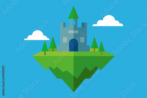 Generative AI Fantasy Island with Majestic Castle in 4K Vector Illustration Background