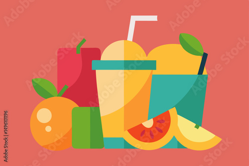 Vibrant Refreshing Smoothies and Fresh Tropical Fruit Scene Vector Illustration Background