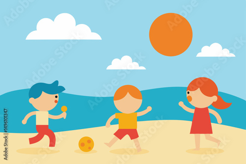 Joyful Kids Playing on Sandy Beach Under Bright Summer Sun Vector Illustration Background