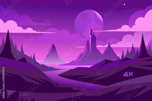 Enchanting Fantasy Valley with Vibrant Purple Skies 4K Vector Illustration Background
