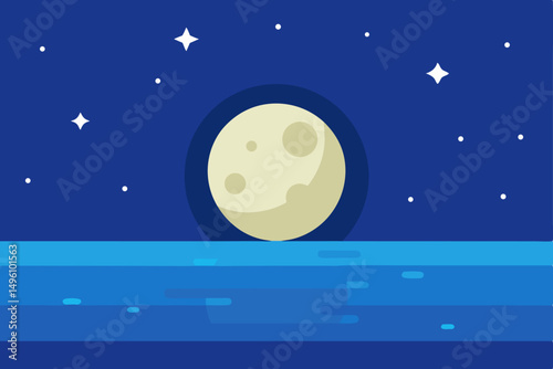 Stunning Full Moon and Starry Sky Over Calm Sea 4K Wallpaper Vector Illustration Background