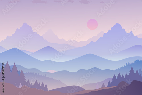 Ethereal Misty Landscape Scene in Soft Morning Light Background Vector Illustration Background
