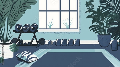 Home gym with plants, and window view.