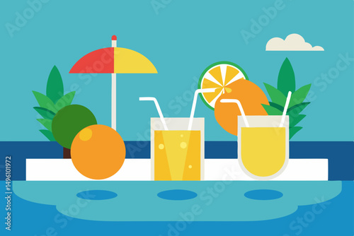 Refreshing Tropical Cocktails by the Swimming Pool Vector Illustration Background