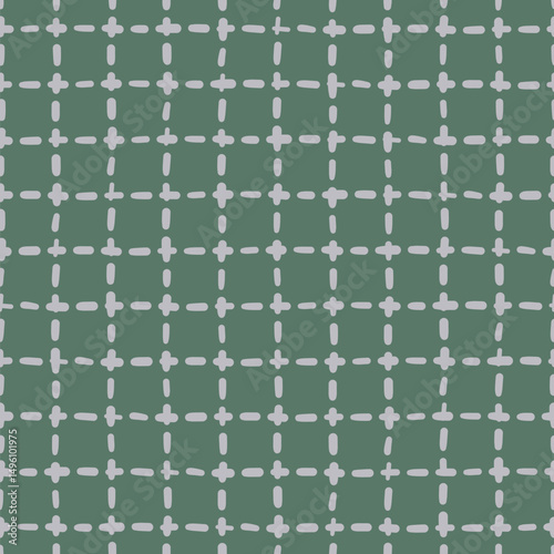 Line and cross grid pattern seamless backdrop. Doodle mesh design vector wrapping paper in grey and green.