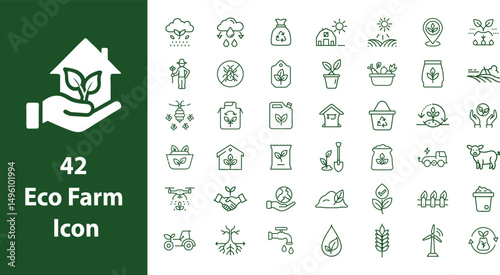 Eco farm vector icon collection, eco-friendly farming practices and sustainable agriculture concepts in a clean, outline icon