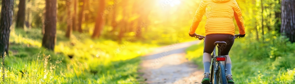 Naklejka premium Bicyclist Riding Through Sunlit Forest Path Surrounded by Green Trees and Vibrant Nature in Tranquil Setting
