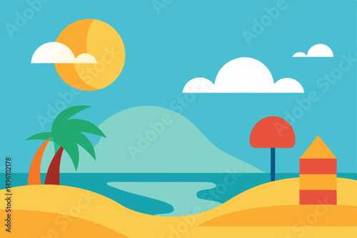 Dreamlike Surreal Beach World with Warm Summer Atmosphere Vector Illustration Background